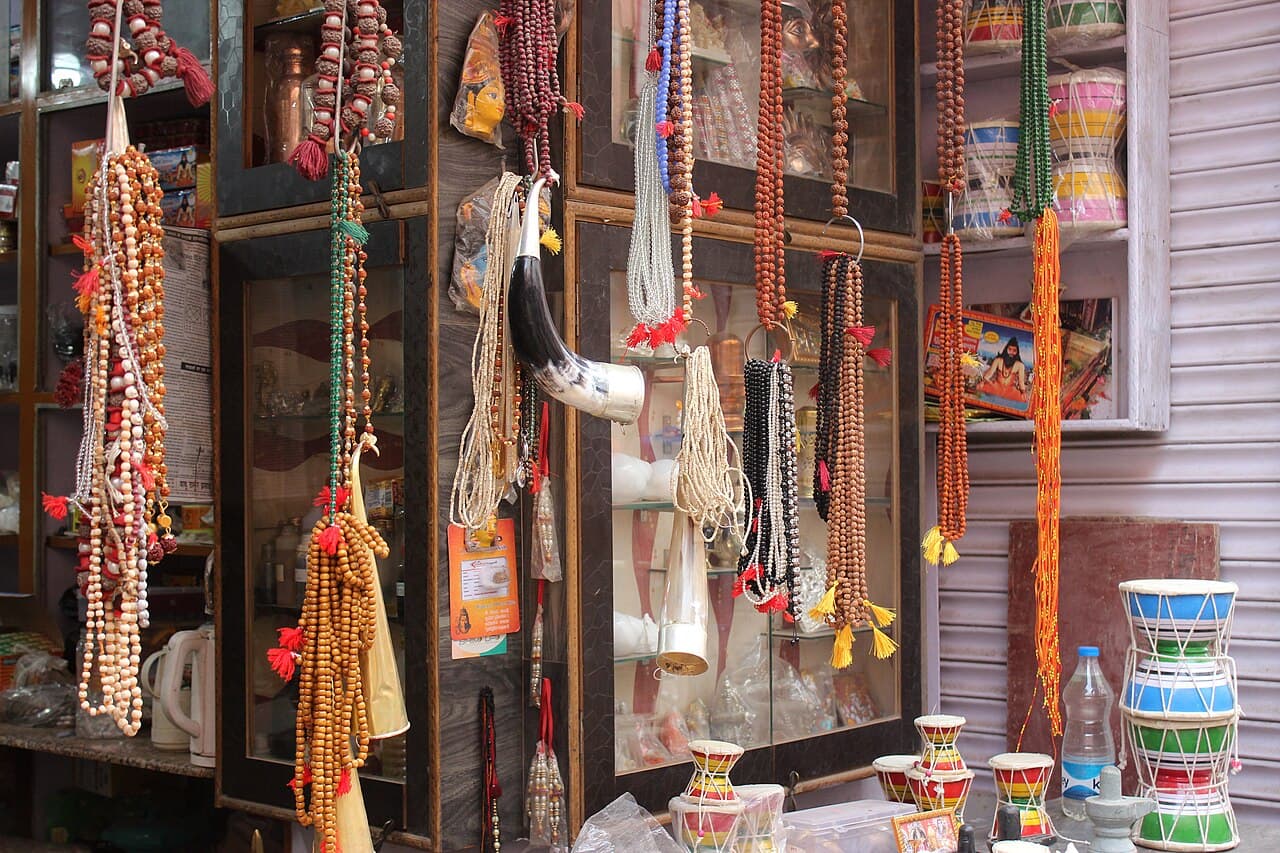 Japa malas of many kinds at a stall in Varanasi